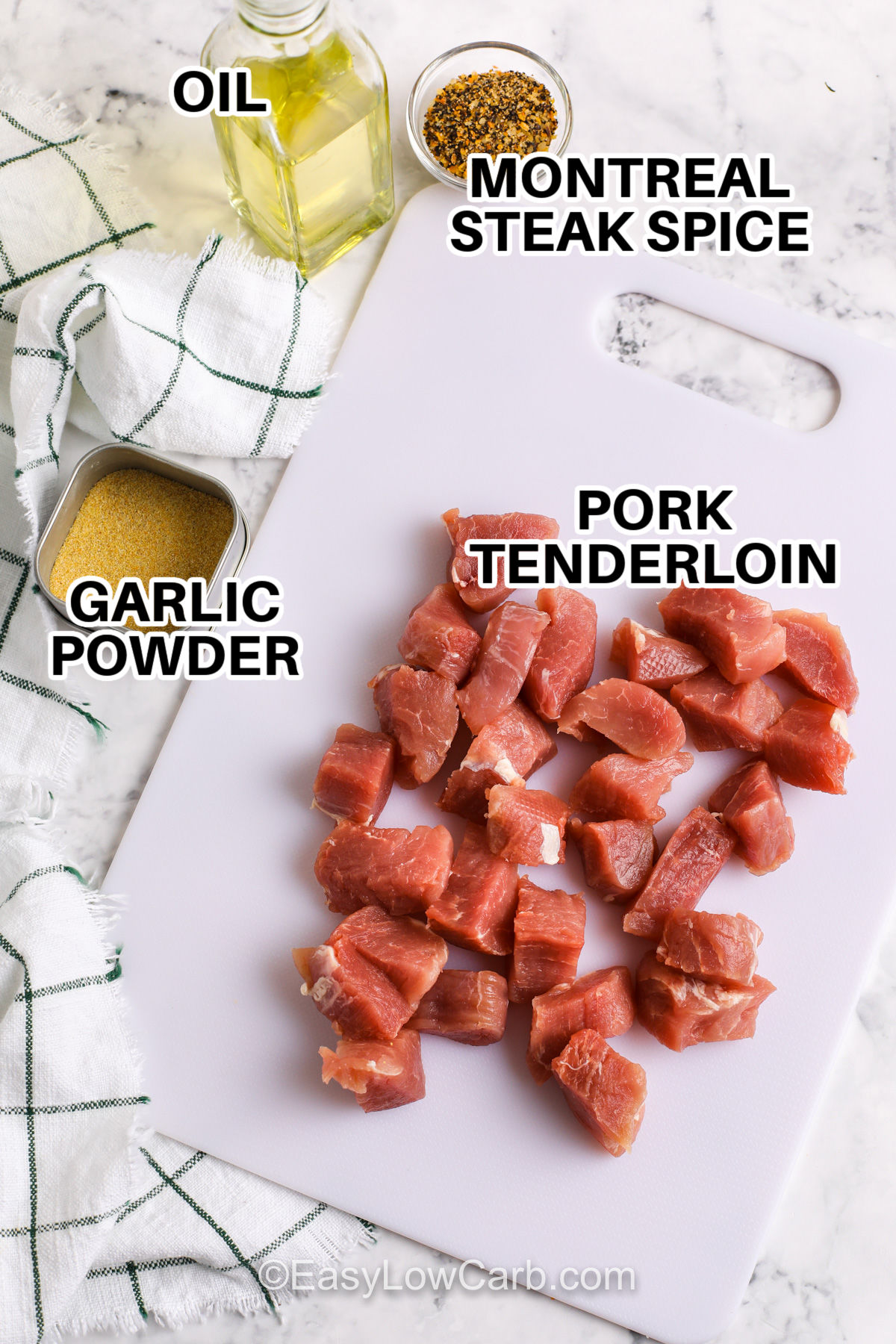 oil , montreal steak spice , garlic powder , pork tenderloin with labels to make Crispy Pork Bites