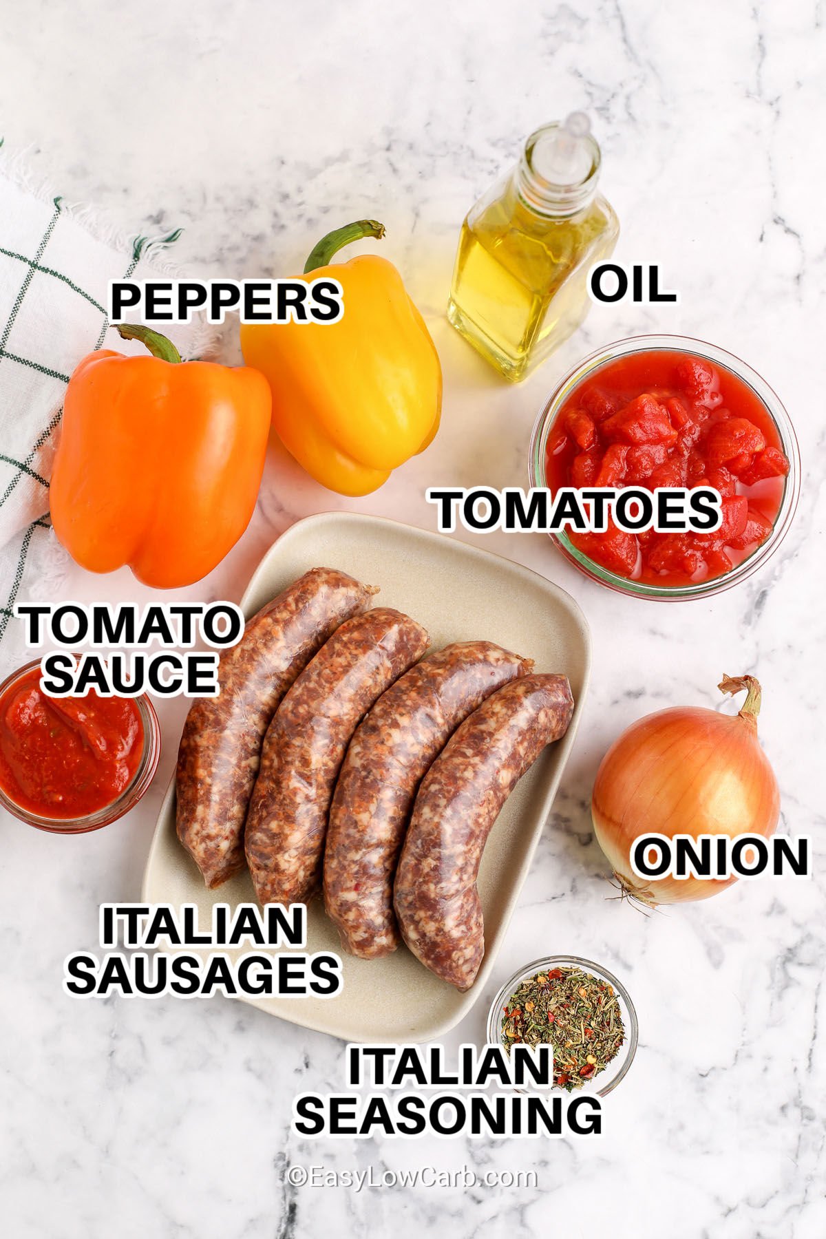 peppers , oil , tomatoes , onion, italian sausages , tomato sauce , italian seasoning with labels to make Italian Sausage and Peppers