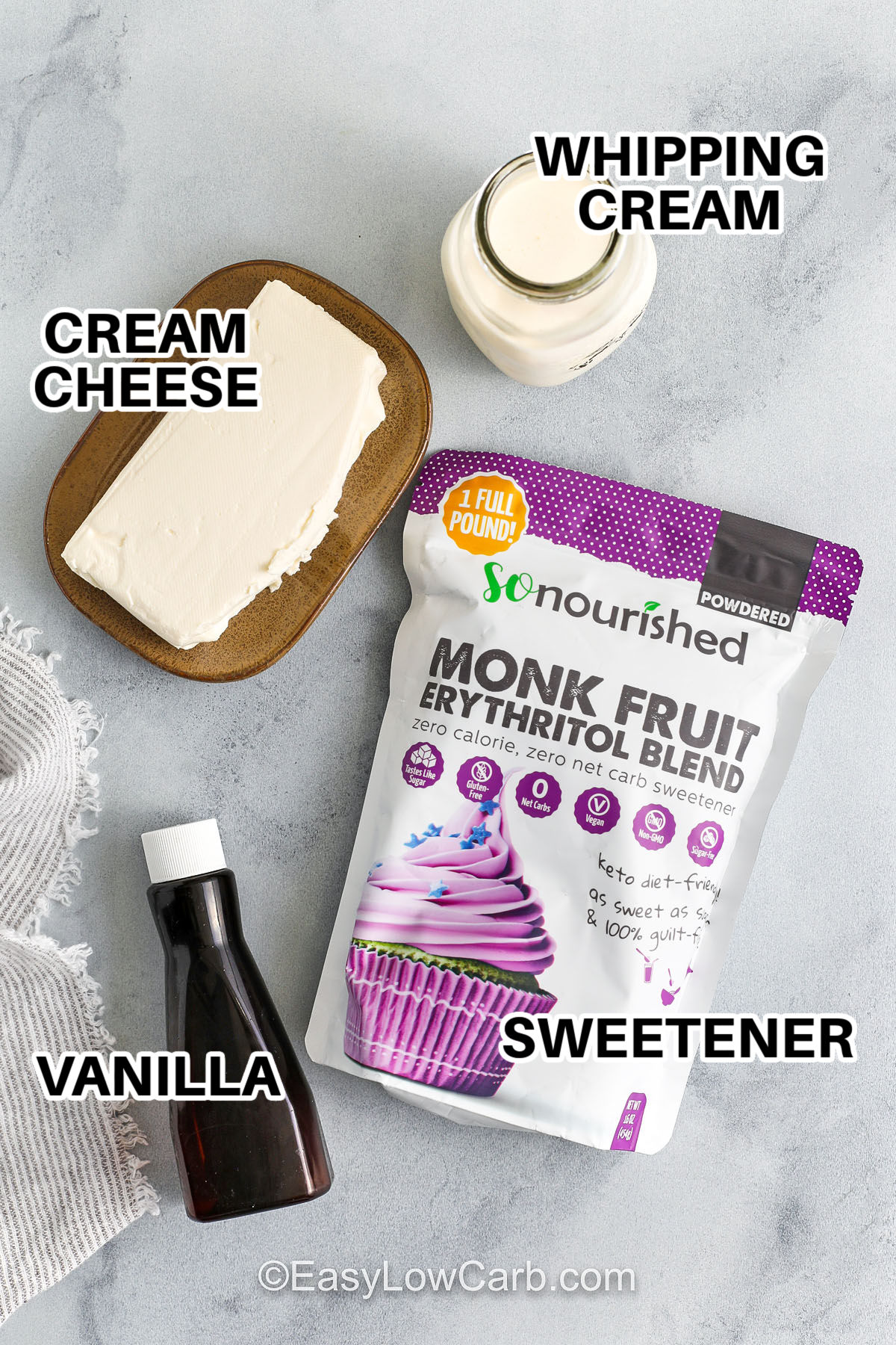 cream cheese , whipping cream, vanilla and sweetener to make Keto Cheesecake Fluff with labels