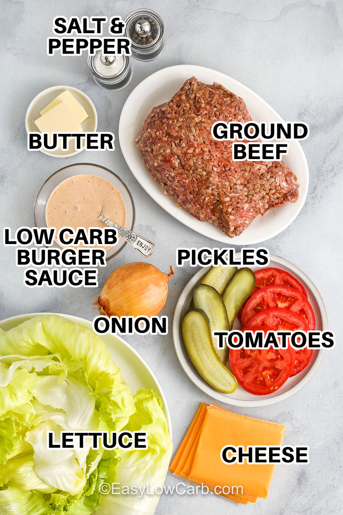 butter , low carb burger sauce , onion , lettuce , cheese , tomatoes , pickles , ground beef, salt and pepper with labels to make Lettuce Wrapped Burger