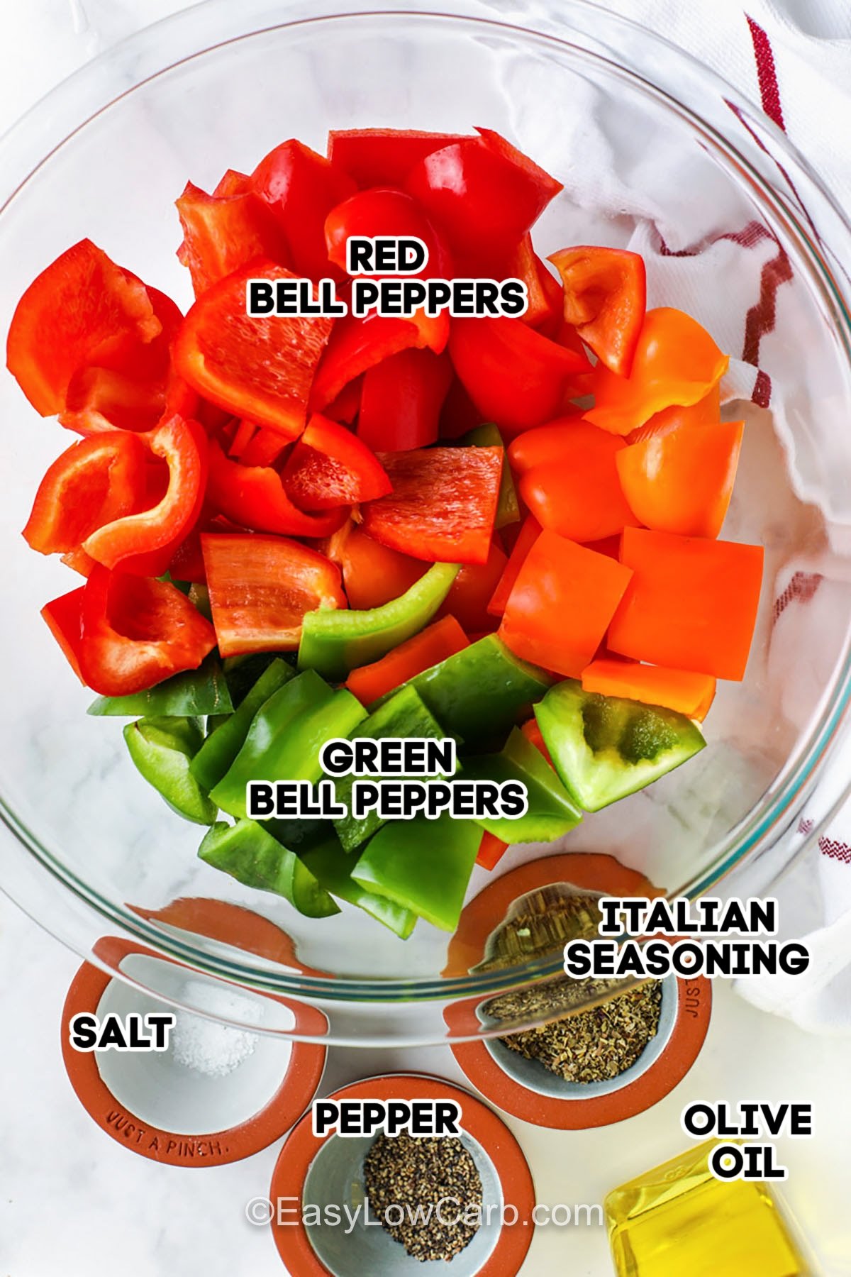 red bell peppers, green bell peppers, Italian seasoning, olive oil, pepper, and salt to make this easy roasted peppers recipe
