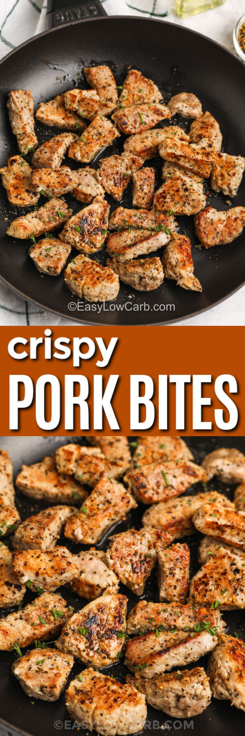 Crispy Pork Bites in the pan and close up photo with a title