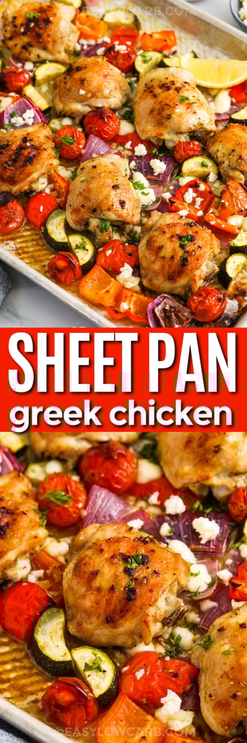 Greek Sheet Pan Chicken and veggies and close up photo with a title