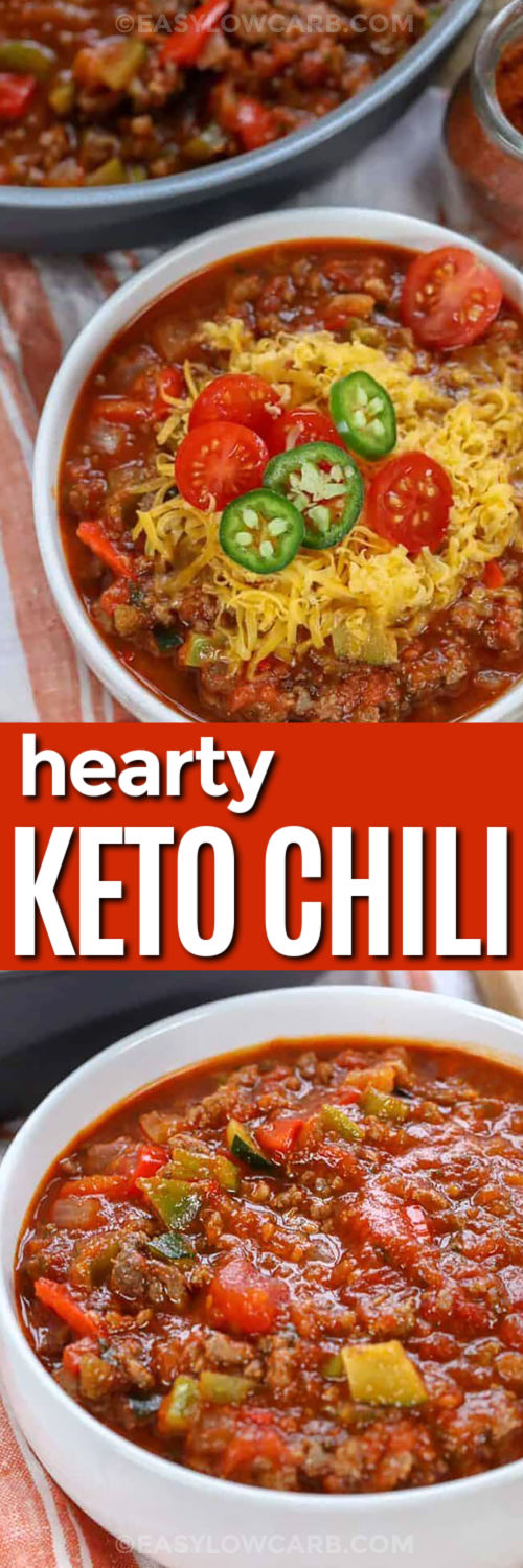 This keto chili recipe is full of rich and savory flavor and it's easy to make with a few simple tricks. Add Worcestershire sauce or smoked paprika while browning the beef to boost depth without extra cooking time. It’s a quick weeknight meal made in one pot, with minimal cleanup and maximum taste. Perfect for when you're short on time but still want something warm, filling, and full of flavor. #easylowcarb hearty Keto Chili Recipe in a bowl with cheese and toppings and close up photo of plated chili with a title