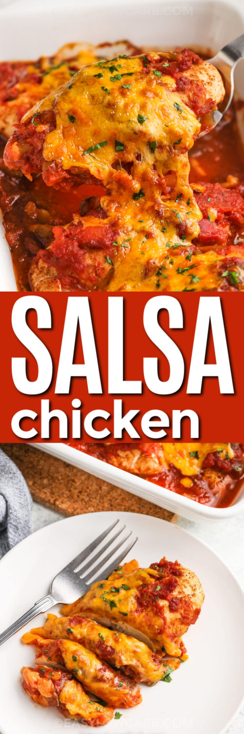 Salsa Chicken Recipe in a dish and plated with a title
