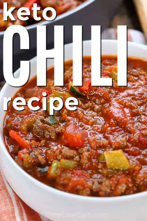 This keto chili recipe is ideal for meal prep. Why not cook once and enjoy delicious chili all week long? It reheats beautifully and maintains its savory and spicy flavor with every bowl. Loaded with zucchini, bell peppers, garlic, and tomatoes, it's as nutritious as it is flavorful. Pair it with a salad or low-carb bread for a complete meal that’s quick, easy, and totally satisfying. #easylowcarb bowl of Keto Chili Recipe with writing