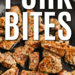 close up of Crispy Pork Bites in a pan with a title