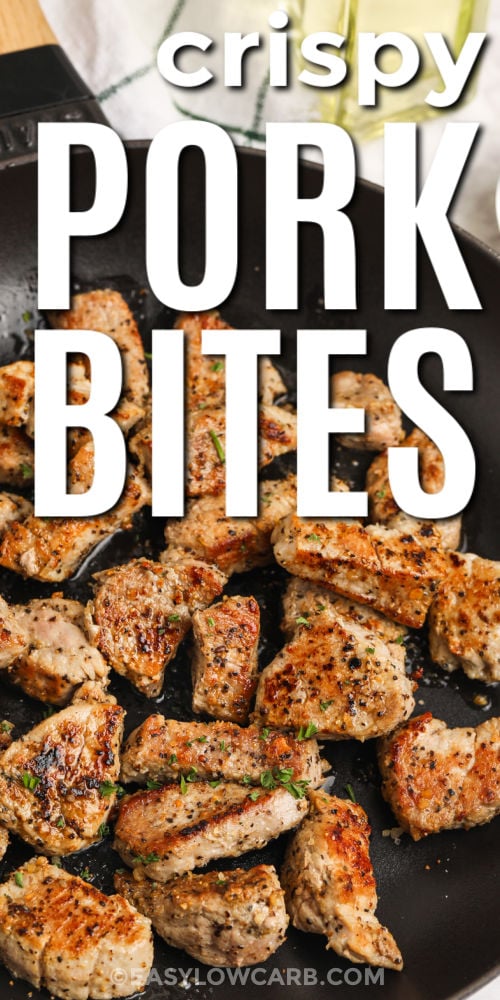 close up of Crispy Pork Bites in a pan with a title