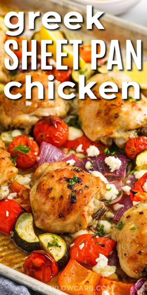 close up of Greek Sheet Pan Chicken with a title