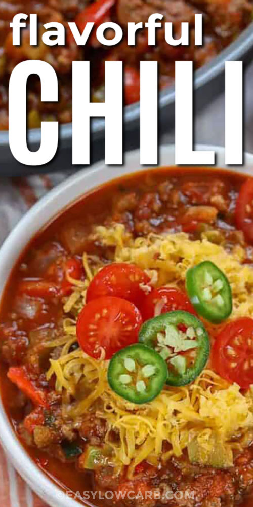 This keto chili recipe is perfect for a low carb lifestyle. Ground beef, garlic, chili powder, and canned tomatoes deliver plenty of flavor with simple ingredients. It's simple to make and quick to reheat for a tasty meal with your favorite low carb fixings. Make a big batch and enjoy leftovers all week long. It’s affordable, super easy to prepare, and satisfying. #easylowcarb flavorful Keto Chili Recipe with a title