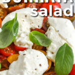 close up of Tomato Burrata Salad with writing