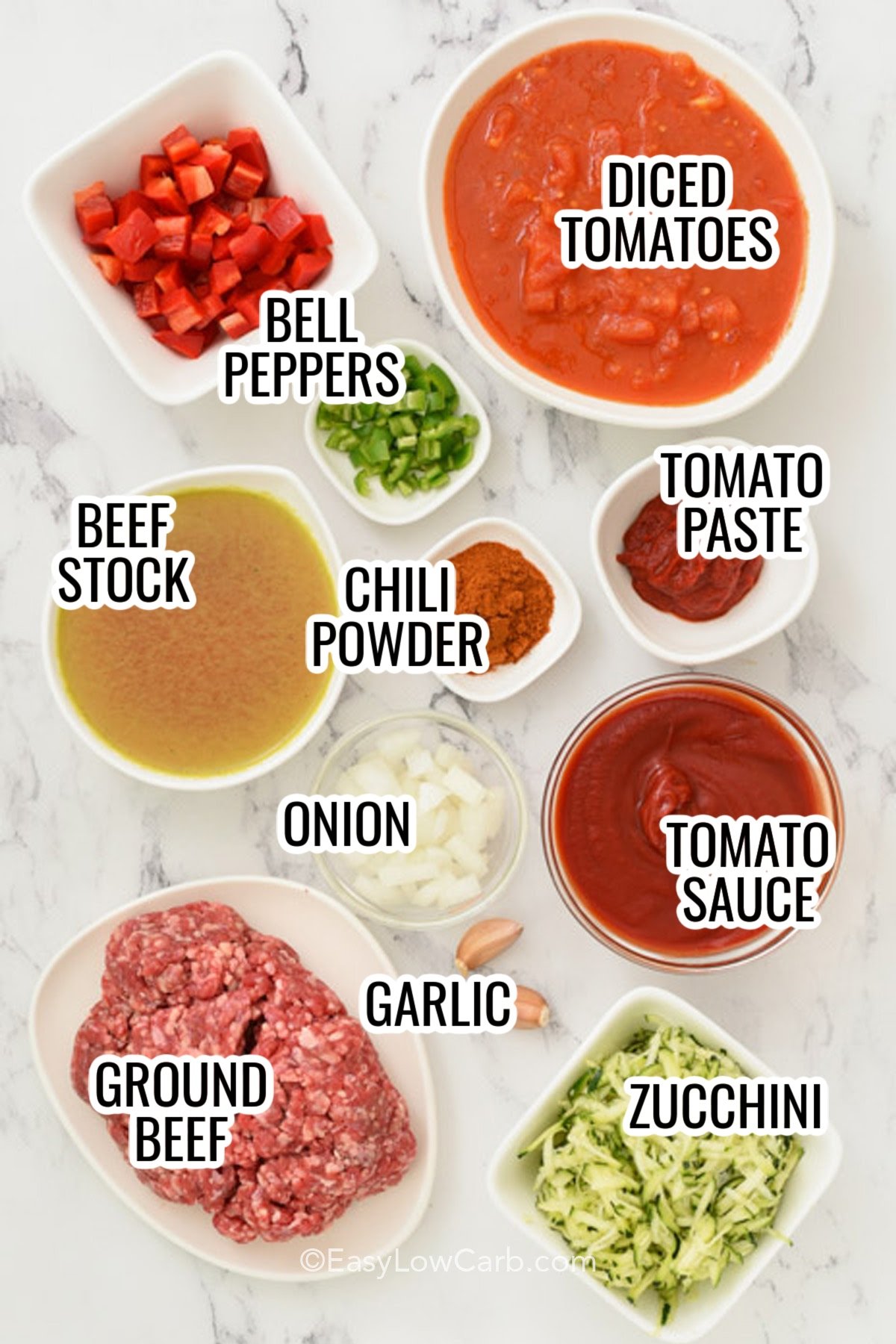 This keto chili recipe features lean ground beef, bell peppers, zucchini, and garlic, simmered in a thick tomato base with bold chili seasoning. It’s hearty, nutritious, and packed with vegetables, making it a great way to stay on track with your low-carb goals. Serve this no-bean chili with shredded cheese, sour cream, or avocado to customize each bowl to your taste while keeping it keto. #easylowcarb peppers, diced tomatoes, beef stock, chili powder, tomato paste, onion, tomato sauce, garlic, ground beef, and zucchini with labels to make Keto Chili Recipe