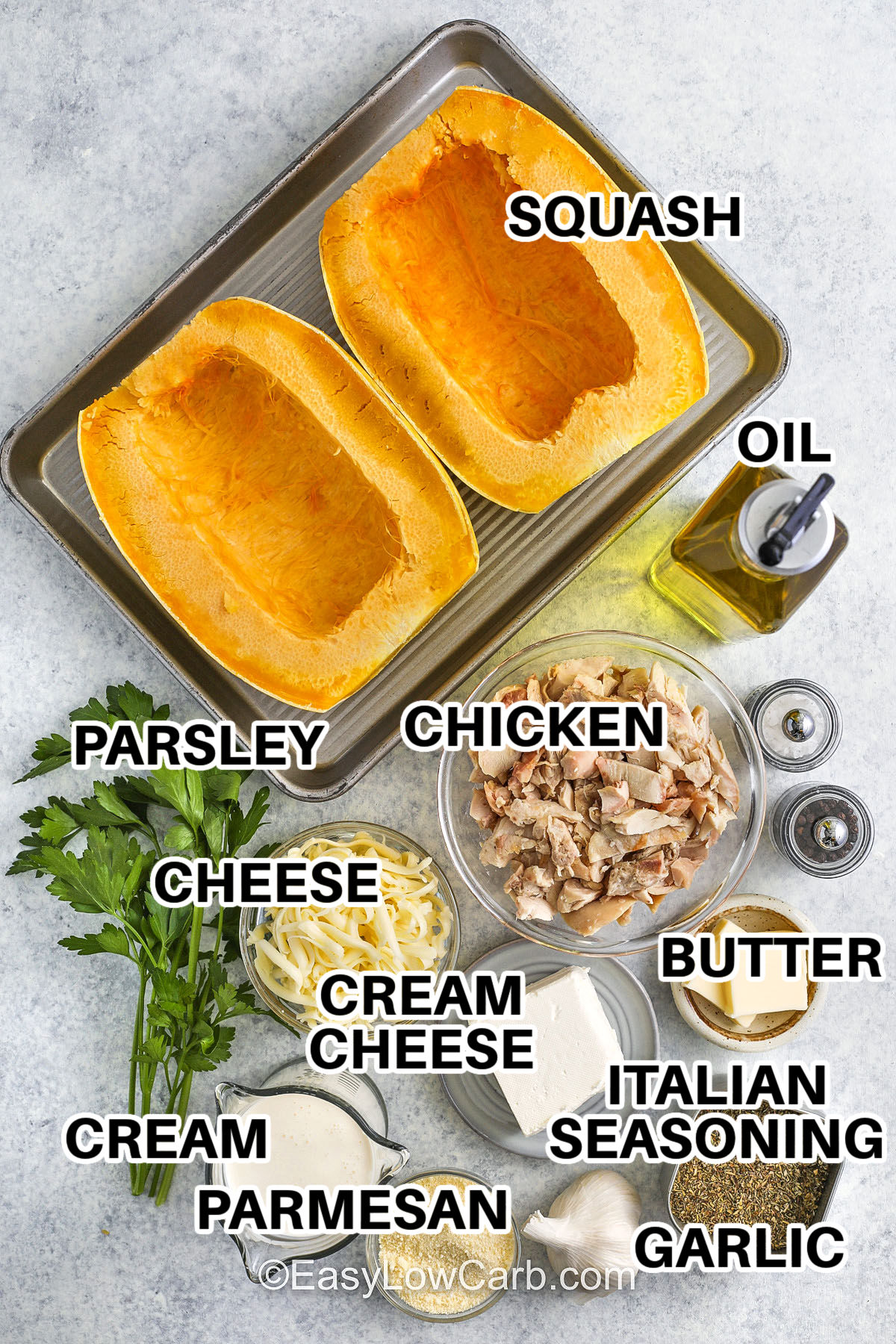 This spaghetti squash chicken Alfredo turns a classic comfort dish into a lighter, low-carb delight. The roasted spaghetti squash strands soak up creamy Alfredo sauce made with butter, garlic, cream cheese, and Parmesan. Juicy chicken adds protein, while mozzarella melts to perfection on top. Each bite is rich, savory, and satisfying without the guilt of pasta. Ideal for meal prep or cozy nights in. #easylowcarb squash , oil , chicken , butter , italian seasoning , garlic , parmesan , cream, cream cheese , cheese , parsley with labels to make Spaghetti Squash Chicken Alfredo