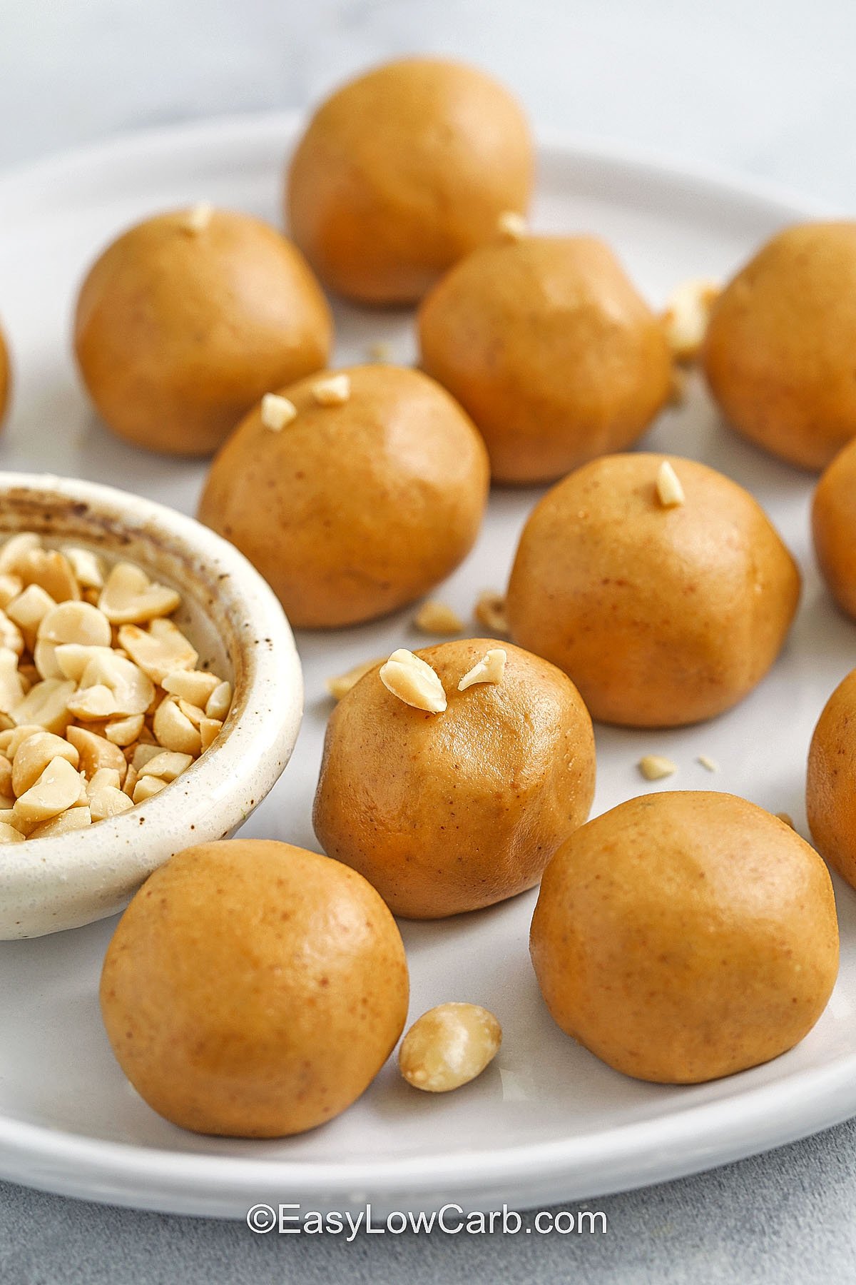 Keto peanut butter balls being served on a plate