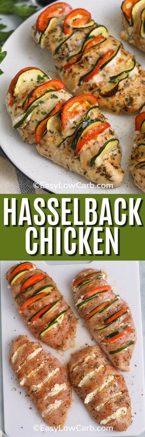 Hasselback chicken is a colorful and creative way to enjoy a balanced low-carb meal. The garlic herb seasoning pairs beautifully with cream cheese, lemon zest, and Parmesan, creating bold, fresh flavors. Thin-sliced vegetables add texture and nutrition while keeping the dish light. Serve with a simple side salad or roasted cauliflower for a complete dinner. A family favorite in the making! #easylowcarb top image - Hasselback chicken on a serving dish. Bottom image - Hasselback chicken being prepared on a cutting board with a title