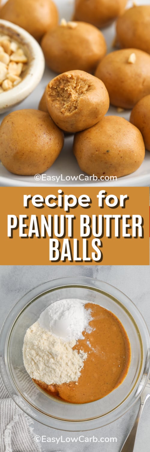 keto peanut butter balls on a plate with a bite missing out of one and looking down on ingredients in a bowl, with a title