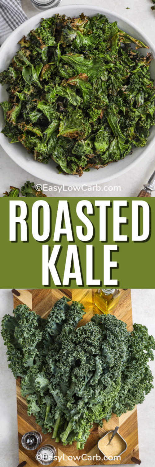 Roasted kale is a simple and delicious way to enjoy leafy greens. Just wash, dry, and tear kale leaves, toss with olive oil, garlic powder, salt, and black pepper, then roast until perfectly crisp. Stir once during cooking for best results. This dish makes a flavorful side or a healthy snack. It’s a great low-carb option that takes only minutes to prepare and delivers big on texture and taste. Serve warm or cold for added flexibility. #easylowcarb top image - a bowl of roasted kale. Bottom image - ingredients to make roasted kale with a title