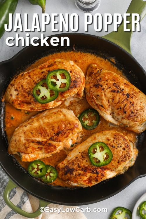 Jalapeno popper chicken cooked in a frying pan with a title