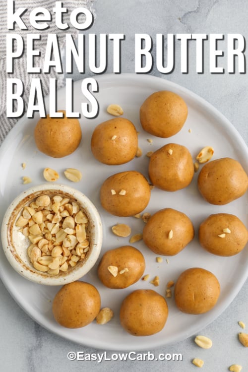 A plate of keto peanut butter balls with a title