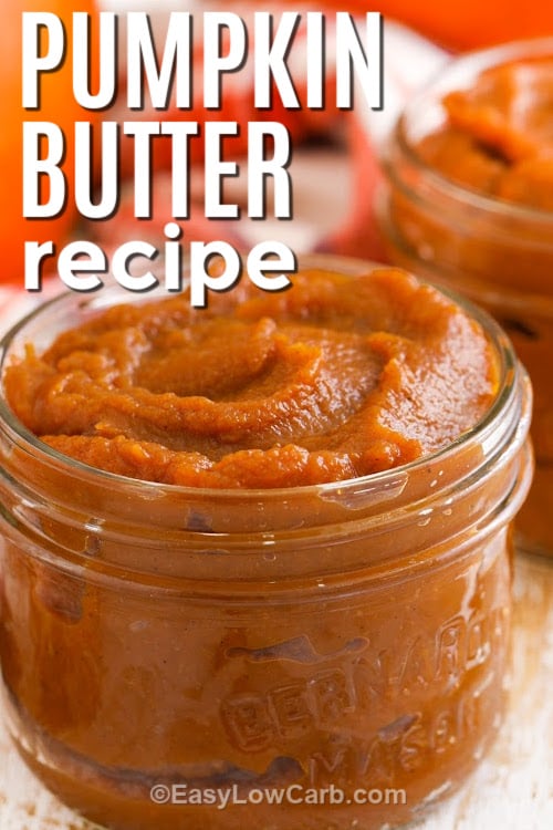 a clear jar filled with pumpkin butter, with a title