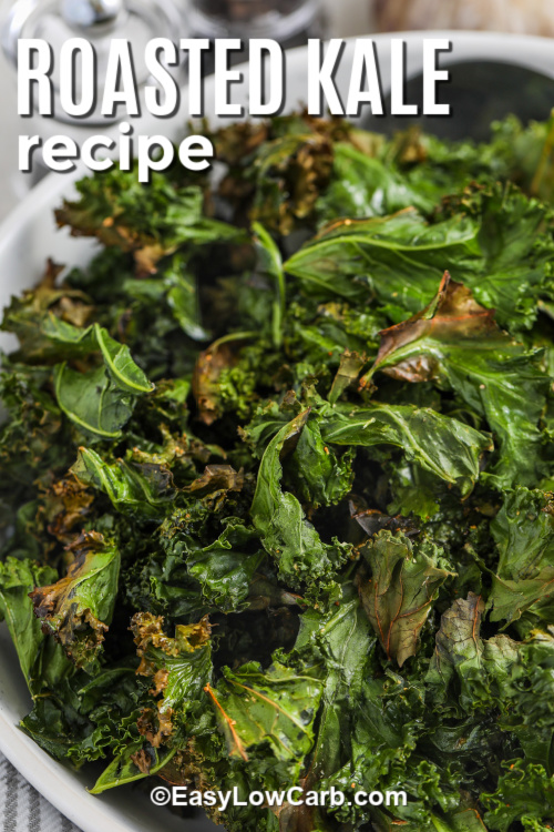 Roasted kale becomes light and crispy in this easy low-carb recipe. After washing and drying, tear the kale into pieces and coat with olive oil, garlic powder, salt, and black pepper. Roast in a hot oven and stir once for even cooking. This snack is fast, healthy, and totally satisfying. Whether served fresh from the oven or chilled later, it’s always full of flavor and crunch. Enjoy it on its own or paired with your favorite meals anytime. #easylowcarb A serving dish of roasted kale with a title