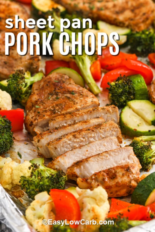 Sheet pan pork chops deliver bold flavor with minimal effort. A quick spice rub adds smoky, herby notes while the high-heat roast ensures a golden crust and juicy center. Surround them with colorful low-carb veggies for a balanced, satisfying meal. It’s perfect for busy weeknights or easy meal prep, and you’ll only have one pan to clean afterward. Fast, flavorful, and foolproof. #easylowcarb A cooked pork chop sliced on a baking sheet with veggies and a title