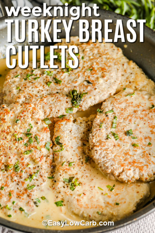 Turkey cutlets with dijon sauce in a pan with a title