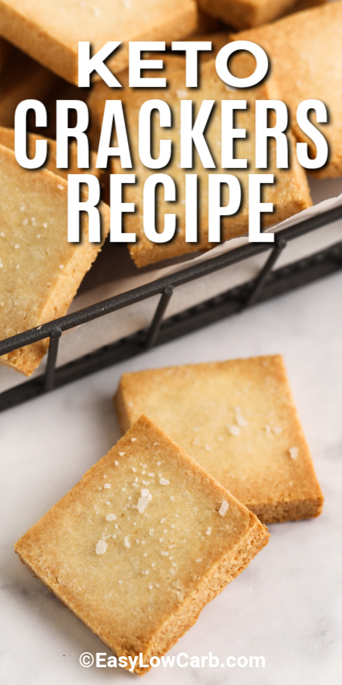 Make this keto crackers recipe with just a few simple ingredients, including almond flour, egg, garlic powder, and salt. These gluten-free crackers are baked to crispy perfection, and they are surprisingly quick to make. Enjoy them as a healthy snack, low-carb appetizer, or crunchy addition to your cheese board. They’re savory, satisfying, and 100% keto-friendly. #easylowcarb two keto crackers with a title