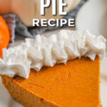 A slice of keto pumpkin pie with a title