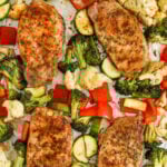 A baking sheet with cooked pork chops and vegetables with a title