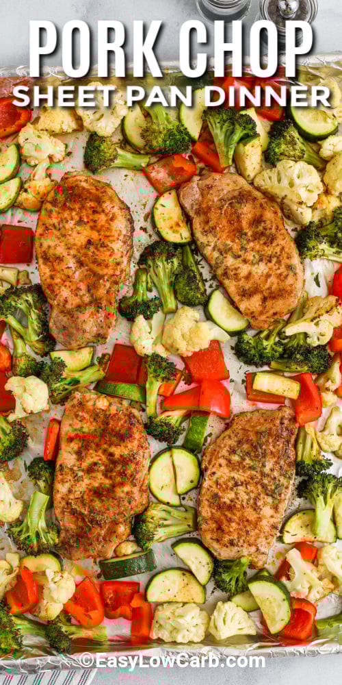 Sheet pan pork chops are the ultimate one-pan dinner. They are juicy, flavorful, and ready in no time. The smoky paprika and garlic blend perfectly with tender roasted veggies like broccoli, cauliflower, zucchini, and bell pepper. It's an easy low-carb option that’s both filling and healthy. Cleanup is a breeze, and the whole family will love it. No fuss, no stress, just simple, wholesome food. #easylowcarb A baking sheet with cooked pork chops and vegetables with a title
