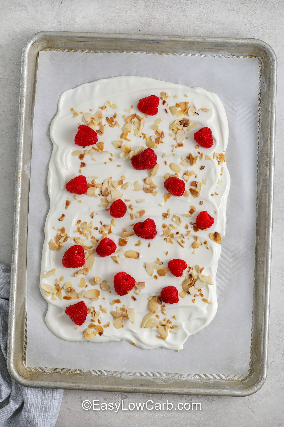 Greek Yogurt Bark on a sheet pan before freezing