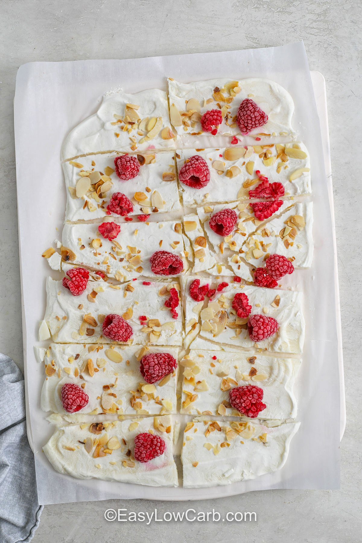top view of Greek Yogurt Bark on a cutting board