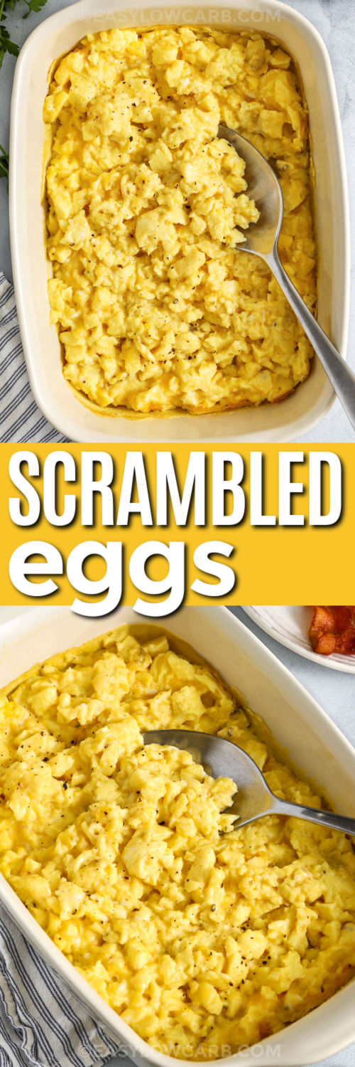Baked scrambled eggs give you a fluffy breakfast dish that cooks evenly in the oven and is super tasty. This easy sheet pan recipe is perfect for feeding a crowd and leaves room to add herbs, cheese, or seasoned veggies. It can also be made ahead, so mornings feel calm and simple. Serve it for a relaxed brunch or as part of a weekly meal plan where quick ideas are welcome. #easylowcarb Baked Scrambled Eggs in a casserole dish and close up photo with a title
