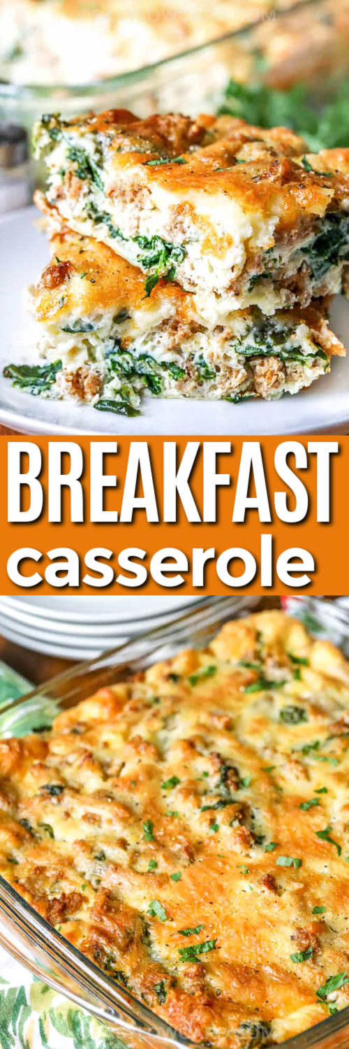 This best breakfast casserole is a protein-packed dish made with eggs, spinach, mushrooms, and bacon. Cottage cheese makes it smooth, and creamy while the vegetables add flavor and color. It bakes beautifully in a 9x13 dish and slices cleanly for serving. Ideal for holiday mornings, potlucks, or meal prep, this casserole delivers a delicious, easy breakfast that everyone enjoys. #easylowcarb Best Breakfast Casserole in the casserole dish and pieces on a plate with a title
