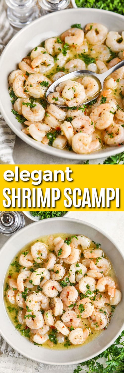 Easy shrimp scampi features tender, juicy shrimp that are cooked just until pink and opaque, ensuring a perfect texture that is never rubbery or overdone. The garlic and red pepper flakes infuse the shrimp with aromatic flavor while a touch of white wine in the pan creates a silky sauce that brings all the ingredients together, making this a foolproof recipe for both beginners and experienced home cooks looking for a low-carb seafood dish. #easylowcarb elegant Easy Shrimp Scampi in a pan and close up photo with a title