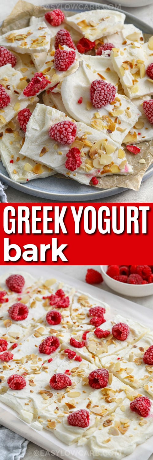 Greek Yogurt Bark on a cutting board and plate with a title