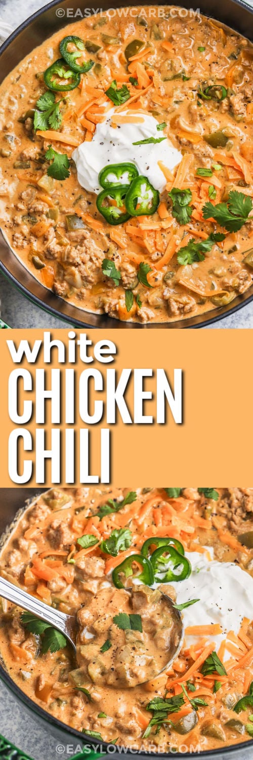 Loaded with vibrant bell peppers, jalapeño, and flavorful green chilies, this keto white chicken chili is as colorful as it is delicious. The vegetables soften in the creamy sauce, giving every bite a balance of texture and flavor. Ground chicken provides a hearty protein base, while cream cheese and heavy cream create a velvety sauce. This low-carb chili is perfect for anyone looking to enjoy a satisfying, comforting, and keto-friendly meal. #easylowcarb Keto White Chicken Chili with cheese in a pan and close up photo and a title