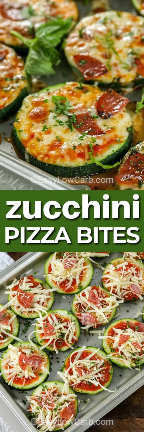 Zucchini pizza bites are quick and easy mini snacks baked in the oven for cheesy perfection. Perfect as a bite-sized appetizer for holidays or family nights, they bring all the flavor of pizza without the carbs. Add your favorite toppings for variety and serve them warm for a delicious snack. These zucchini bites make a fun, healthy snack, a simple appetizer, or even a light dinner option everyone will love. #easylowcarb zucchini pizza bites on a baking pan, and zucchini pizza bites on a pan before baking under the title