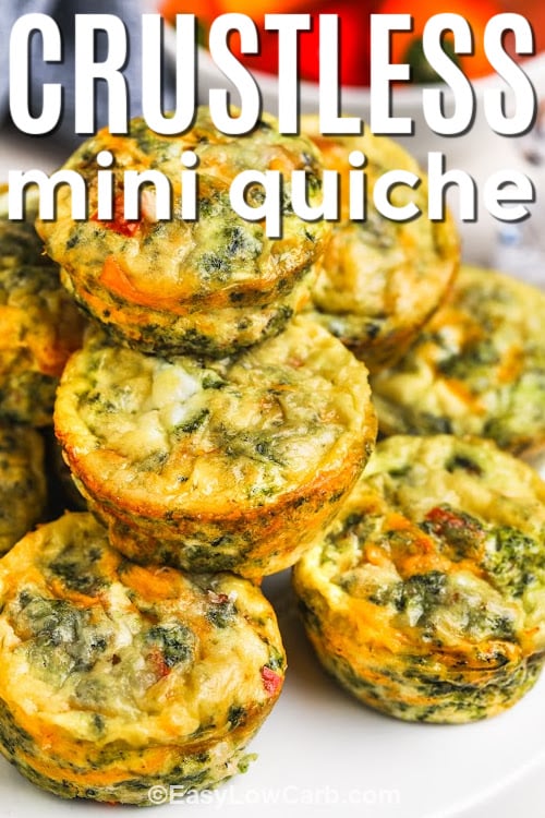 Crustless mini quiche brings together eggs, bacon, peppers, and spinach for a cozy breakfast that feels both easy and hearty. Each bite-sized cup bakes up light and tender in a muffin pan for a simple dish that works well warm or chilled. Serve them for busy mornings or as a make-ahead snack that fits any day. The mix of cheeses adds a rich flavor that pairs with every filling in a tasty way #easylowcarb plated Crustless Mini Quiches with a title