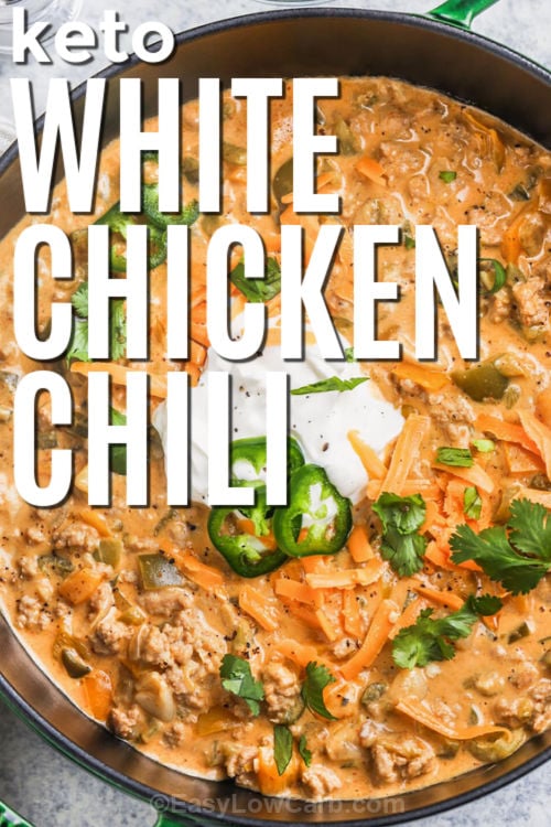 Keto white chicken chili is a creamy, comforting, and hearty dish perfect for cozy dinners or meal prep. Ground chicken is cooked with onions and spices, then blended with cream cheese and heavy cream for a luscious texture. Bell peppers and jalapeño add color, flavor, and a touch of heat. With chicken broth and green chilies, it simmers into a perfectly thickened, savory, low-carb chili that everyone will love. #easylowcarb Keto White Chicken Chili in a pan with a title