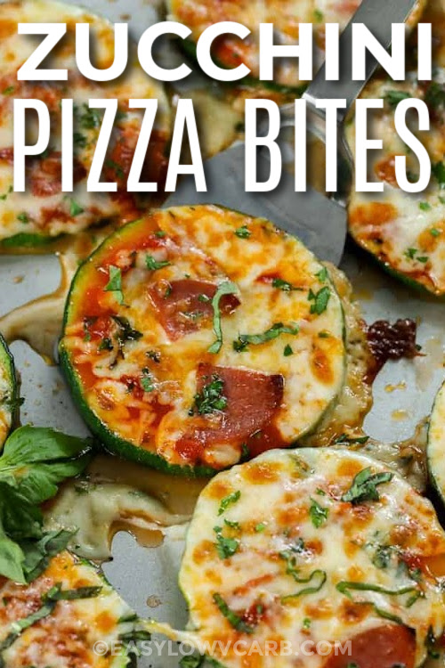 Zucchini pizza bites make a fun, oven-baked appetizer that’s cheesy, easy, and perfect for holidays or any night. These mini bites are great for snacking, serving at parties, or adding a quick low carb option to dinner. Customize with toppings for a flavor-packed bite that everyone will enjoy. They are an easy way to get a cheesy, savory snack without extra carbs, making them a crowd-pleaser every time. #easylowcarb zucchini pizza bites on a baking pan with a title
