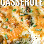 close up of Best Breakfast Casserole with a piece taken out and writing