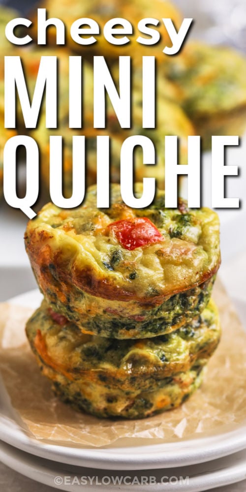 Crustless mini quiche creates a tasty breakfast that is full of flavor from bacon, spinach, and peppers. The mix of eggs and cheese gives each mini cup a tender texture that works well for busy mornings. This simple meal bakes in a muffin pan and is easy to enjoy warm or chilled. These bite-sized cups store well, so you can make ahead and enjoy a fresh and filling option any time you need it #easylowcarb Crustless Mini Quiches in a stack on a plate with writing