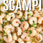 low carb Easy Shrimp Scampi in a pan with writing