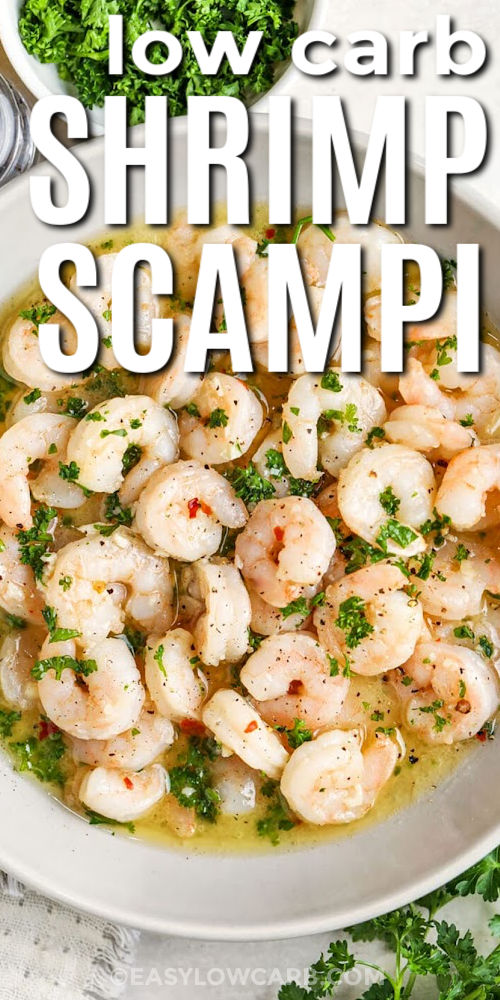 Easy shrimp scampi is a deliciously rich and buttery dish that combines perfectly cooked shrimp with fragrant garlic, a subtle touch of red pepper flakes for mild heat, and fresh parsley to brighten every bite, finished with a squeeze of lemon to balance the richness and create a restaurant-quality flavor experience that’s easy to make at home in under 30 minutes. #easylowcarb low carb Easy Shrimp Scampi in a pan with writing