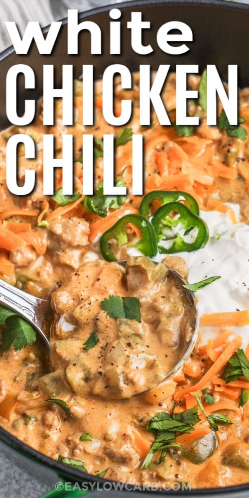 This keto white chicken chili combines the richness of cream cheese and heavy cream with tender ground chicken for a perfectly creamy, low-carb meal. The addition of diced bell peppers and jalapeño creates a flavorful, slightly spicy bite, while the chili powder, cumin, and garlic powder give it a bold, comforting taste. It’s a satisfying, protein-packed dish that’s ideal for keto dinners or meal prepping for the week. #easylowcarb Keto White Chicken Chili in a pot and with a ladle taking a scoop out and writing