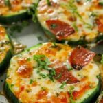 zucchini pizza bites on a pan with a title