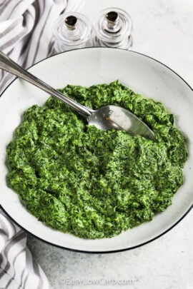 Recipe for Creamed Spinach in a bowl with a spoon