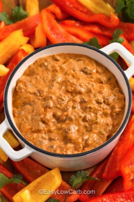 plated Chili Cheese Dip with sliced peppers